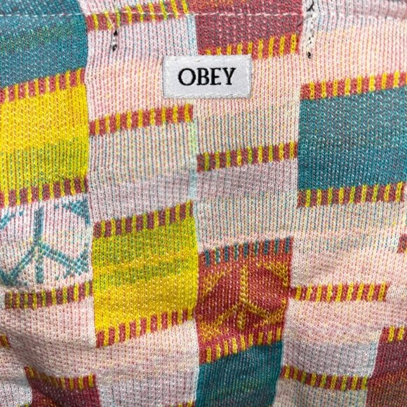 obey earthy patchwork Peace Sign summer colors knit crop tube tank top S - Picture 3 of 4